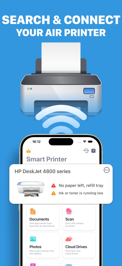 Smart Printer App · Air Print - La aplicación informa sobre el estado de la impresora, alertando sobre la falta de papel o tinta, mientras identifica claramente la impresora conectada, como la "HP DeskJet 4800 series".