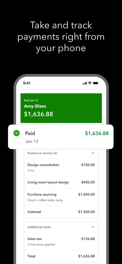 Intuit QuickBooks for Business - 支払い追跡機能により、ユーザーは完了した支払いを「Paid」という緑色のバナーで明確に確認でき、請求書の「Total」の内訳を詳細に表示できます。