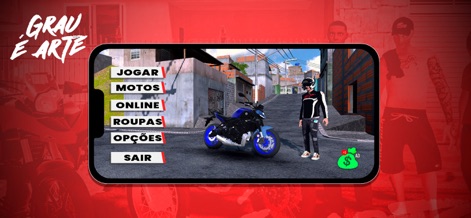 Grau é Arte Online - Der Startbildschirm bietet intuitive Navigationsoptionen und präsentiert das erste detaillierte Motorradmodell vor einer städtischen Kulisse.