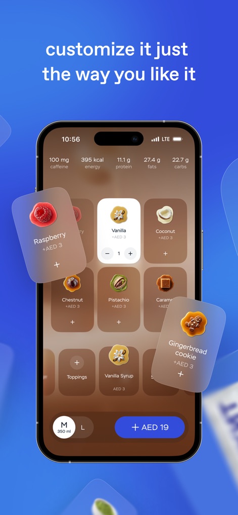 Drinkit — order your coffee - Users can explore diverse ingredient options to customize their drink, with transparent pricing for each add-on clearly displayed.