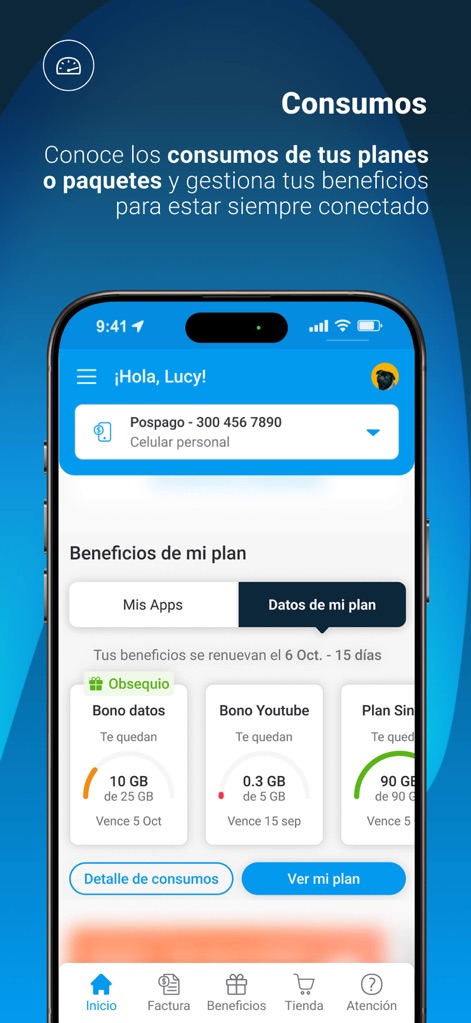 Mi Movistar Colombia - 消費量画面では、「データボーナス」や「YouTubeボーナス」などの詳細なデータ使用量内訳が表示され、残りのギガバイト数と有効期限を簡単に把握できます。