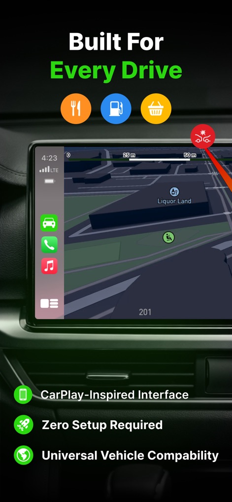 Car Play Connect: Sync My Auto - The app offers an optimized navigation view, clearly displaying Points of Interest for dining and fuel, all within a sleek CarPlay-inspired interface that promises zero setup for users.