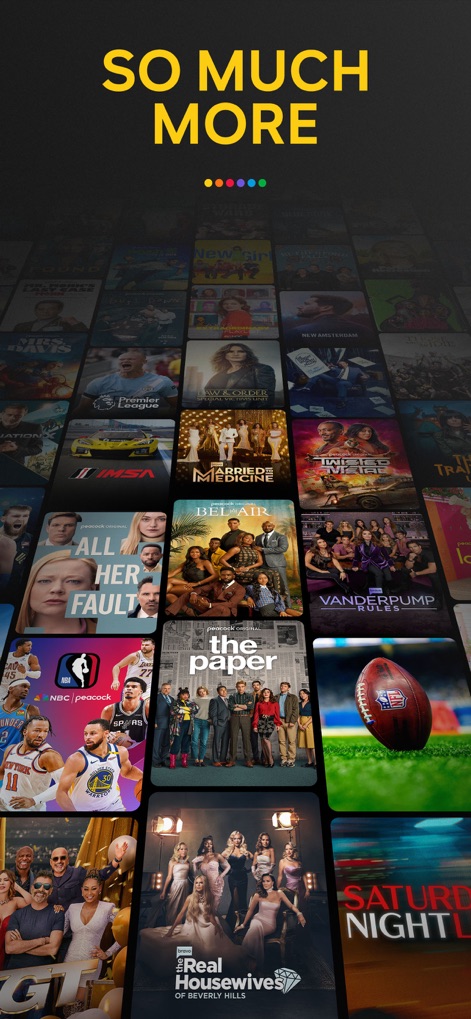 Peacock TV: Stream TV & Movies - The app showcases a sprawling collection of series and films, from popular drama posters to exciting sports highlights.