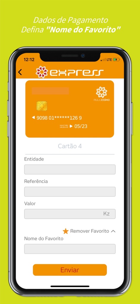 MULTICAIXA Express - Para maior comodidade, os utilizadores podem guardar pagamentos favoritos preenchendo campos como 'Entidade' e definindo um 'Nome do Favorito' para acesso rápido.