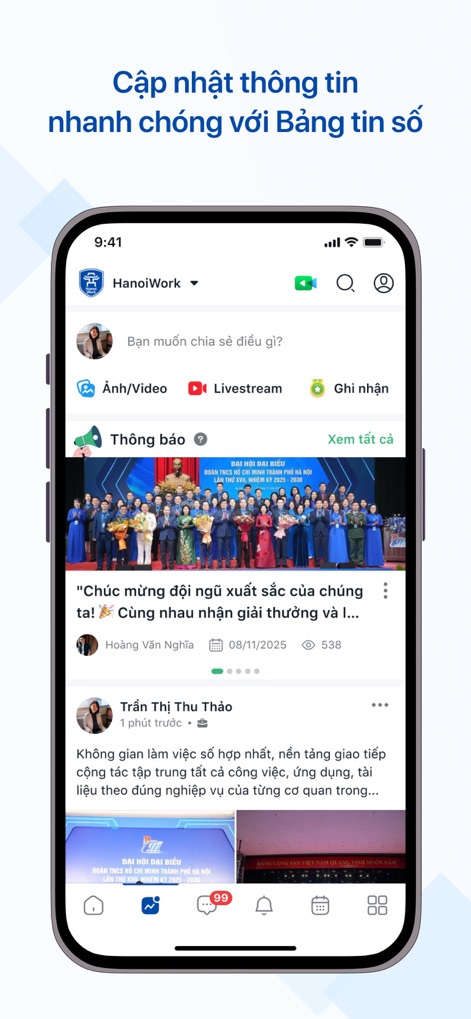 HanoiWork - Witness the app's dynamic news feed, presenting official announcements from leadership and user-generated content with integrated photo and video support.