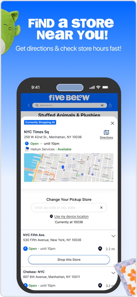 Five Below - This tool offers a seamless store locator experience, allowing users to view nearby 'NYC Times Sq' locations on a map and check specific details like 'Open' hours.