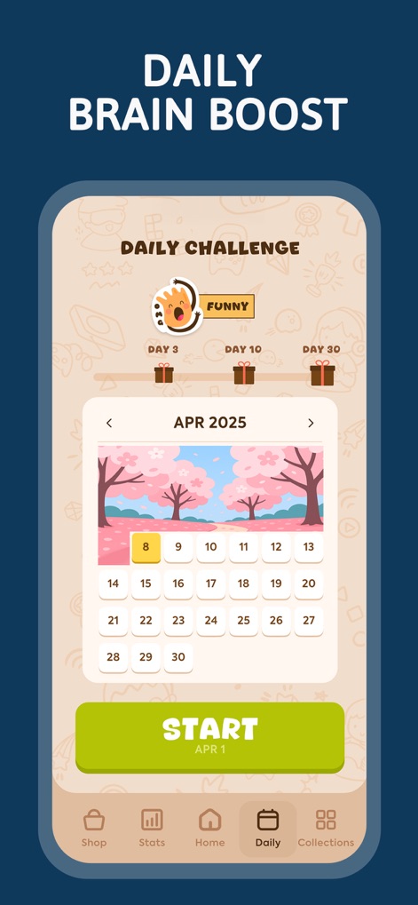 Cryptogram: Number & Word Game - 사용자는 이 화면에서 매일 새로운 도전에 참여하여 지속적으로 두뇌를 훈련할 수 있습니다. 2025년 4월 달력과 "Daily Challenge" 타이틀이 이 기능의 핵심 요소를 명확히 보여줍니다.