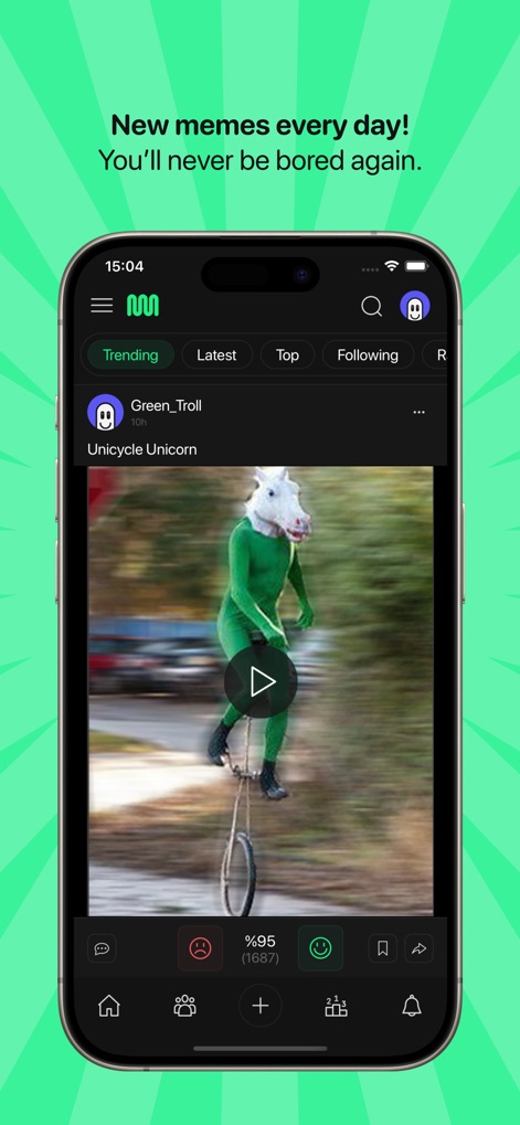 Memedroid: Funny Memes & Gifs - Gli utenti possono godere di una vasta selezione di GIF animate, con un "tasto play" ben visibile per l'interazione e la possibilità di esprimere gradimento tramite l'icona della "faccina sorridente", contribuendo alla valutazione del contenuto.