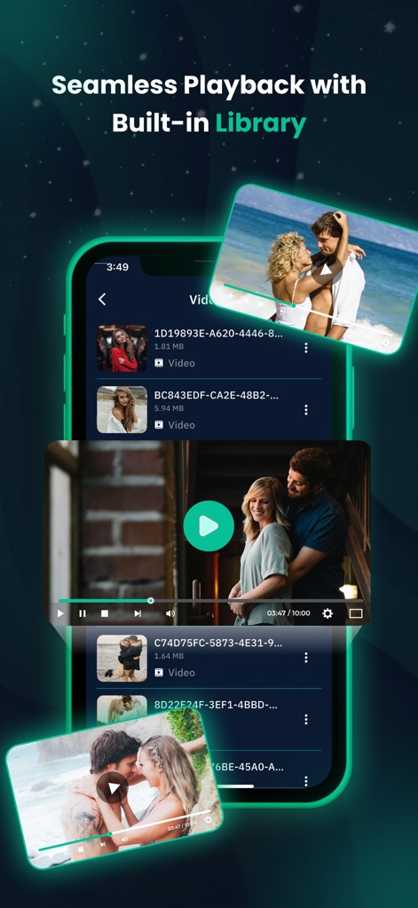 X Video Downloader - HD Player - La captura muestra la pantalla de listado de vídeos con identificadores únicos y detalles de tamaño, mientras se superpone una ventana de reproducción en curso con controles.