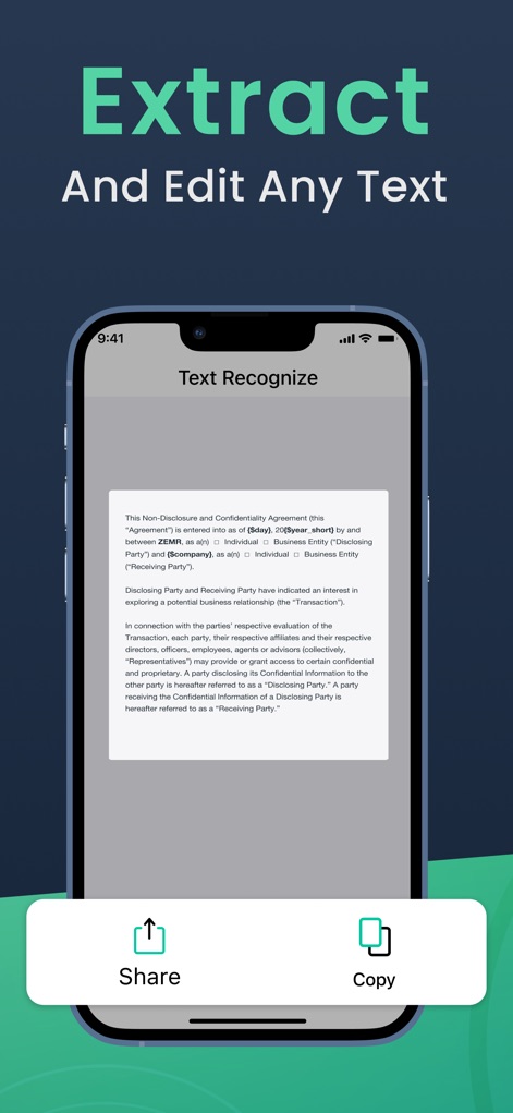 Camera Scanner: Scan to PDF - L'app permette di estrarre e modificare qualsiasi testo da documenti scansionati, con il testo riconosciuto visualizzato chiaramente e i pulsanti "Share" e "Copy" facilmente accessibili per l'interazione.