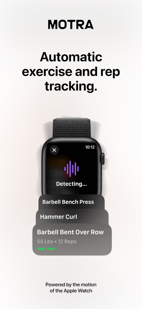 Motra AI Workout Fitness Coach - Witness the intelligent, hands-free exercise and rep tracking directly on the Apple Watch, displaying both the 'Detecting...' status and automatically stacked exercise cards.