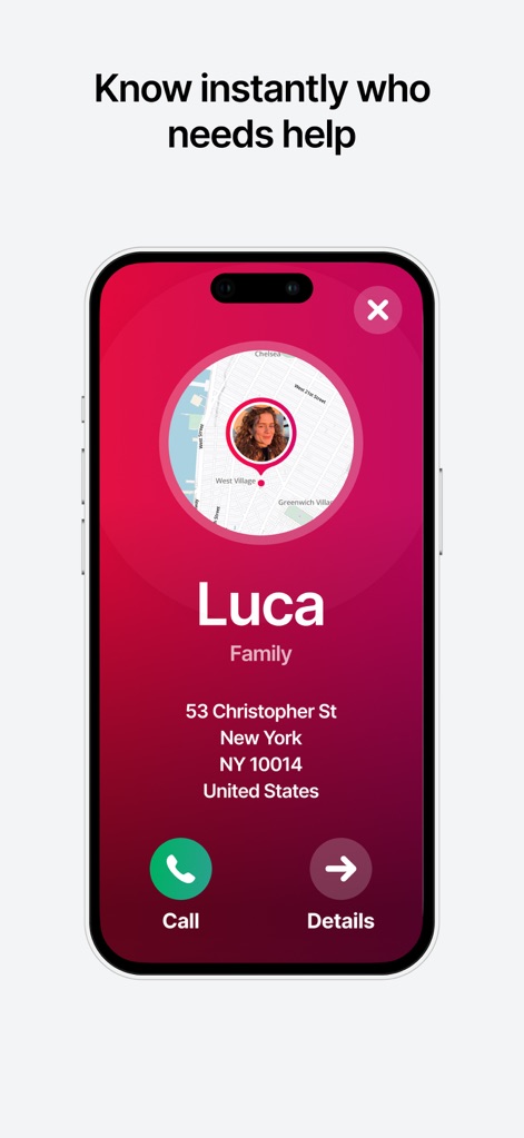 SafeNow™ - This view demonstrates how the app provides instant identification of the person needing help, displaying a large profile picture of "Luca" along with their exact address and immediate contact options.