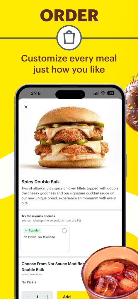 HungerStation - Food Delivery - Users can "customize every meal just how they like" by adjusting ingredients and choosing from detailed modifier options for items like the "Spicy Double Baik".