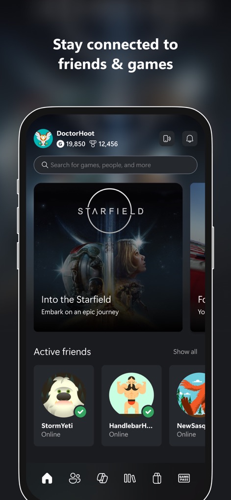 Xbox - This app consolidates game discovery and social networking, showcasing a prominent game banner and 'Active friends' profiles for immediate interaction.