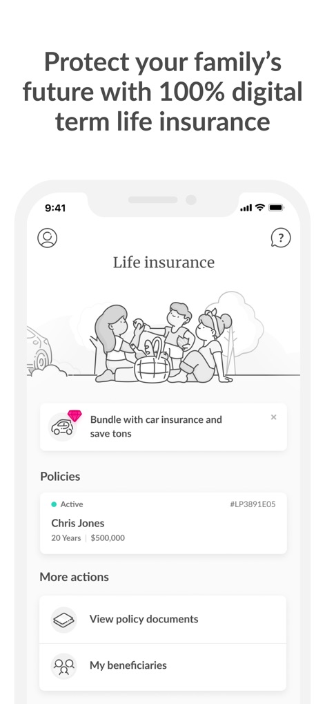 Lemonade Insurance - Die App visualisiert hier die digitale Risikolebensversicherung, erkennbar an der übersichtlichen Darstellung einer Beispielpolice für "Chris Jones" mit Laufzeit und Versicherungssumme, sowie den Optionen, "View policy documents" und "My beneficiaries" zu verwalten.