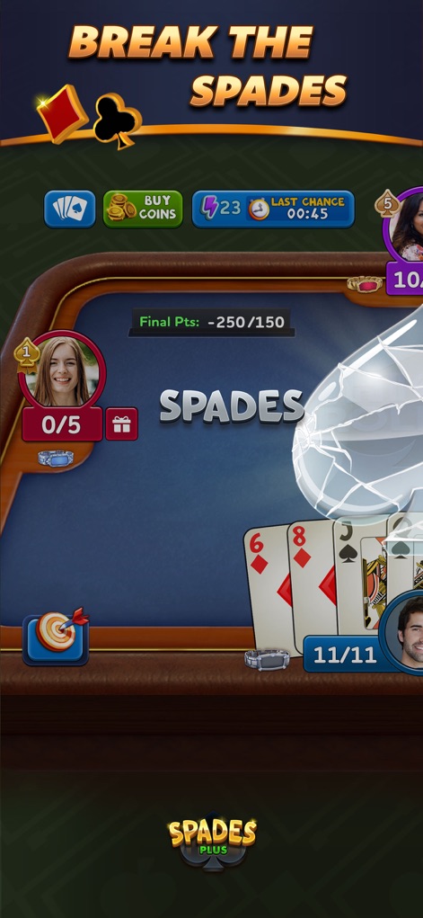 Spades Plus - Card Game - Experience the exciting 'Spades Trump Break' visual effect that signals a game-changing moment, impacting the 'In-game Scoreboard'.