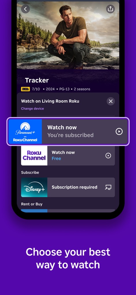 The Roku App (Official) - Presenta diversas vías para disfrutar del contenido deseado, destacando la disponibilidad para ver en "Paramount+" y en "The Roku Channel".