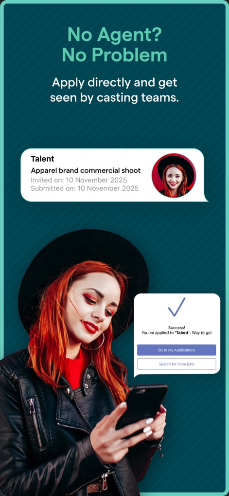Backstage - Casting Calls - The app enables direct application to opportunities, as seen with the 'Apparel brand commercial shoot' invitation, and provides instant 'Success!' confirmation upon submission.