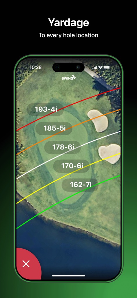 SwingU: Golf GPS Range Finder - This feature visually outlines strategic yardage planning zones on the course, providing golfers with clear layup distances and associated club recommendations for optimized shot selection.