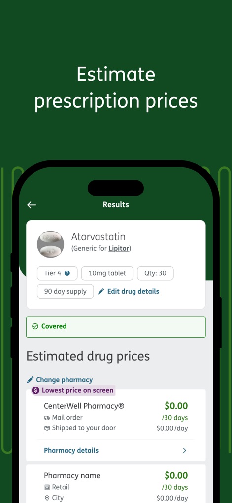 MyHumana - Esta funcionalidade apresenta estimativas de preços de medicamentos, detalhando o "Lowest price on screen" e a possibilidade de "Change pharmacy" para otimizar os custos.