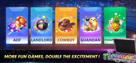 Texas Poker:Texas Holdem Game - A imagem apresenta uma seleção de jogos adicionais como "AOF" e "Pineapple", diversificando a experiência de poker, com uma maleta repleta de fichas.