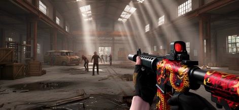 Zombie Apocalypse・Shooter Game - Engage a zombie horde within a sprawling industrial warehouse, showcasing a visually striking custom weapon skin on the player's assault rifle.