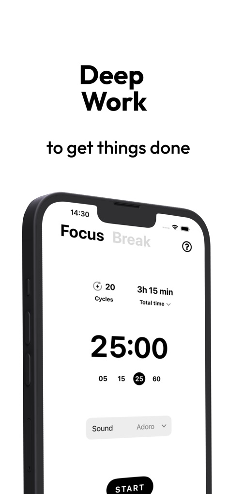 Onrise: Habit Tracker & Focus - La herramienta de enfoque profundo se presenta con un temporizador Pomodoro de "25:00" minutos, mostrando además el conteo de "Cycles" completados y el tiempo total de trabajo.