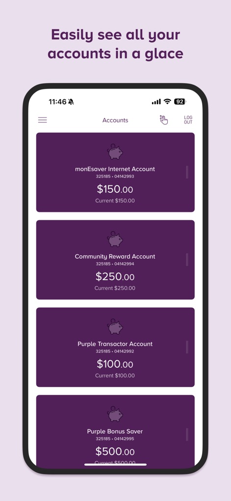 Beyond Bank - Cet écran centralisé présente une liste exhaustive de tous les comptes bancaires de l'utilisateur, avec leurs soldes actuels, et intègre des icônes de tirelire pour une identification visuelle facile des différents types de comptes.