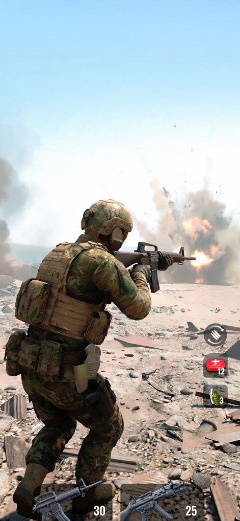 Shoot Out: Shooting Simulator - Les joueurs sont plongés au cœur de l'action dans des niveaux intenses, où l'arsenal diversifié de l'application permet des combats explosifs avec des fusils d'assaut.