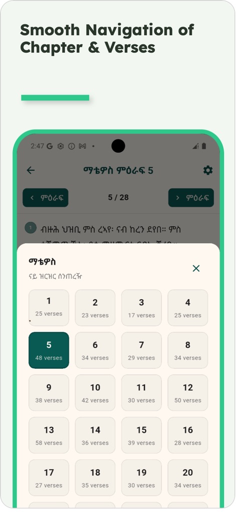 Bible Ethiopian - This feature offers smooth chapter navigation through a clear overlay, where each chapter button displays its verse count for quick selection.