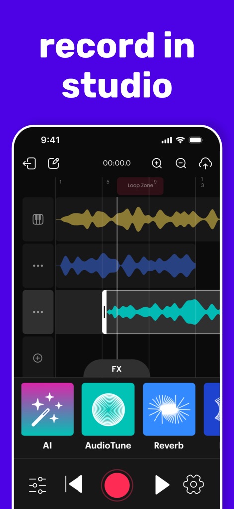 Rapchat: Music Maker Studio - The app showcases its powerful recording studio, featuring detailed waveform tracks and instant access to AI and AudioTune vocal effects.