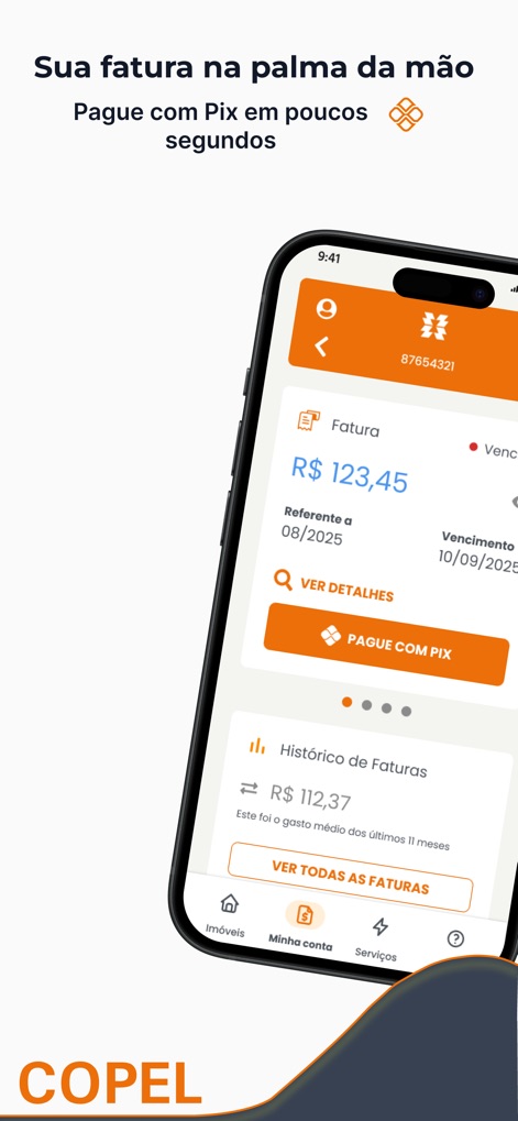 Copel - Este visual demonstra o acesso rápido à fatura atual com o valor de "R$ 123,45" e a conveniência do pagamento imediato via "Pague com PIX", otimizando a gestão financeira do usuário.
