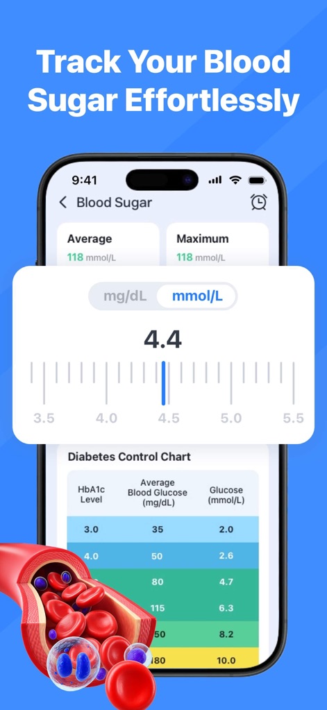 VitalBeat: Blood Sugar Tracker - Los usuarios registran los niveles de glucosa con un selector intuitivo (X) y consultan un gráfico de control de diabetes (Y) para comprender las fluctuaciones.