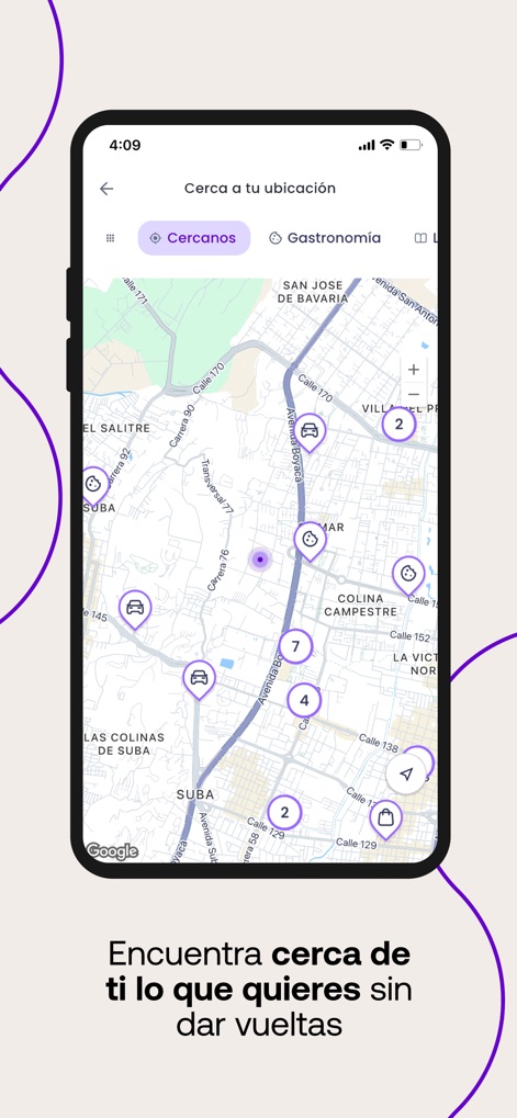 Puntos Colombia - Esta tela exibe um mapa interativo com diversos pontos de interesse marcados, permitindo aos usuários descobrir estabelecimentos próximos e filtrar por categorias como 'Gastronomía'.