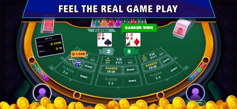 Baccarat - Casino Style - Observe the detailed Baccarat table layout and the clear card display, complete with betting chips and the immediate 'BANKER WINS' notification for an authentic game experience.