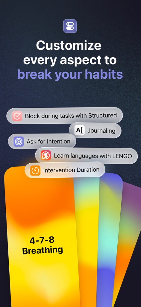 one sec | screen time + focus - この画像は、ユーザーが「Block during tasks with Structured」や「AI Journaling」などの多様なオプションを通じて、習慣を変えるためのあらゆる側面をカスタマイズできることを示しています。