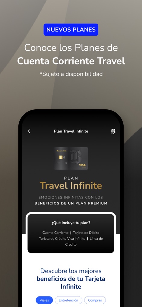 Mi Banco Chile - トラベルインフィニットプランの概要が表示されており、洗練されたカードデザインの視覚化と、旅行やエンターテイメントを含む具体的な特典カテゴリのリストが示されています。