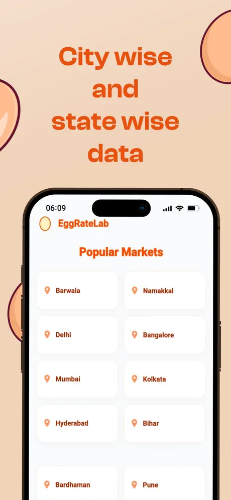Egg Rate Lab popular markets screen with city and state wise egg rate locations including Delhi, Mumbai, and Bihar