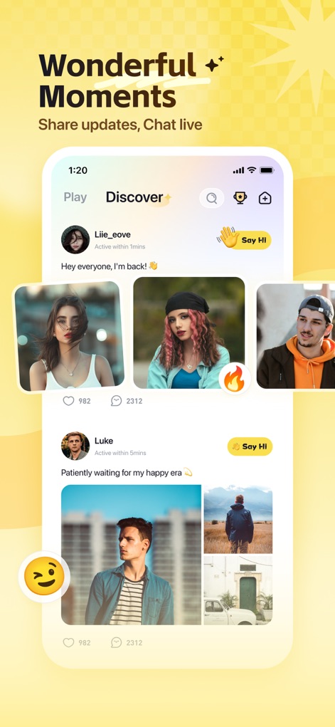 Wefun - Chat, Party and Game - 이 기능은 사용자가 여러 이미지가 포함된 게시물을 공유하고, '안녕' 버튼을 통해 다른 사용자와 쉽게 상호 작용할 수 있는 소셜 미디어 피드를 제공합니다.