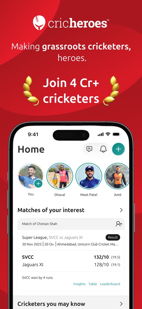 CricHeroes-Cricket Scoring App - Users can explore matches of interest with detailed results and easily navigate to insights or leaderboards, all while viewing connected player profiles.