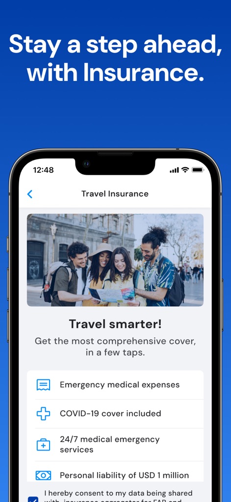 FAB Mobile Banking - 旅行保険画面では、ユーザーは「Emergency medical expenses」や「COVID-19 cover included」といった詳細な補償内容を確認し、簡単に保険に加入できます。