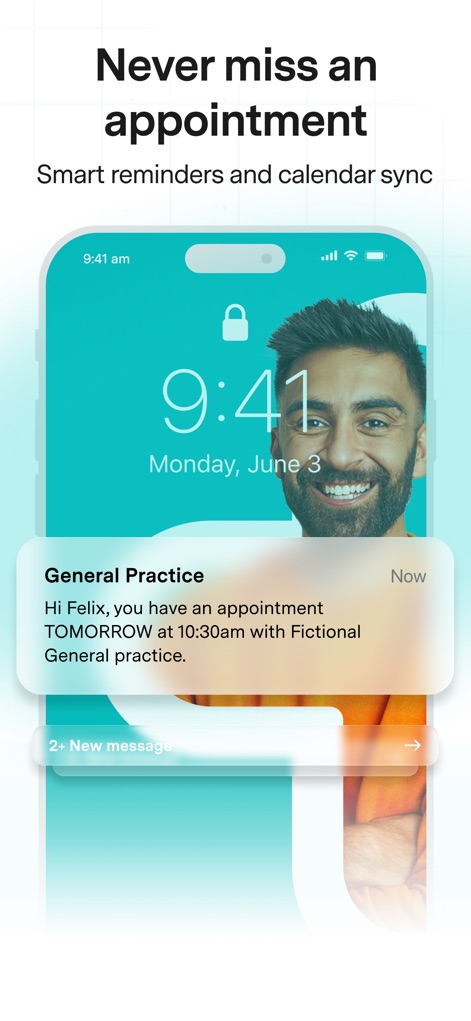 Healthengine - Le notifiche intelligenti assicurano che gli utenti non dimentichino gli appuntamenti, come mostrato dal messaggio 'Hi Felix, you have an appointment TOMORROW'; questo include promemoria per le consultazioni con la 'General Practice'.