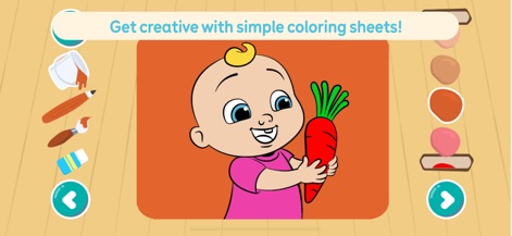 CoComelon: Learn ABCs and 123s - The app encourages artistic expression with simple coloring sheets, allowing children to color a carrot using a user-friendly selection of color palettes.