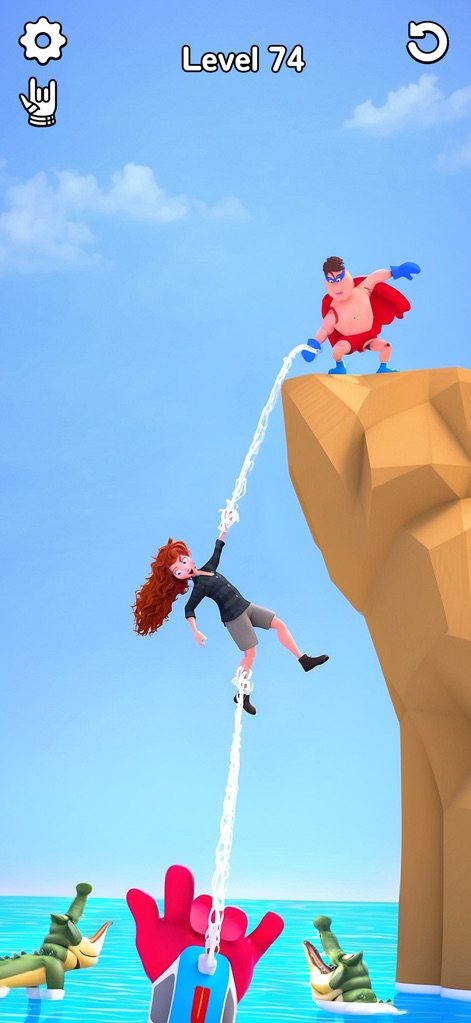 Ragdoll Hero Break Games - Witness the heroic efforts as a ragdoll hero attempts to rescue a character dangling precariously from a cliff edge, while menacing alligators lurk in the waters below.