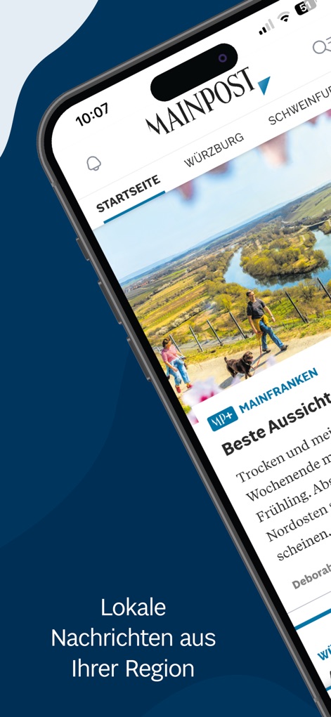 Main-Post News - このアプリのホーム画面には、メイン記事の大きな画像と「STARTSEITE」のタブがあり、ユーザーは地域の最新ニュースにアクセスできます。