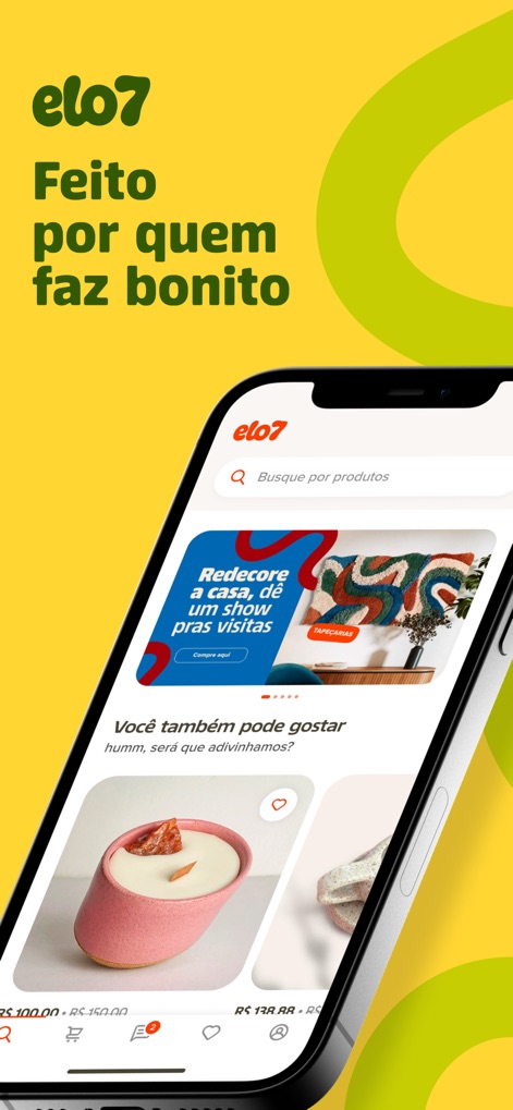 Elo7 - The app presents an engaging homepage featuring a prominent search bar and dynamic product carousels, inviting users to discover handmade items for their homes.