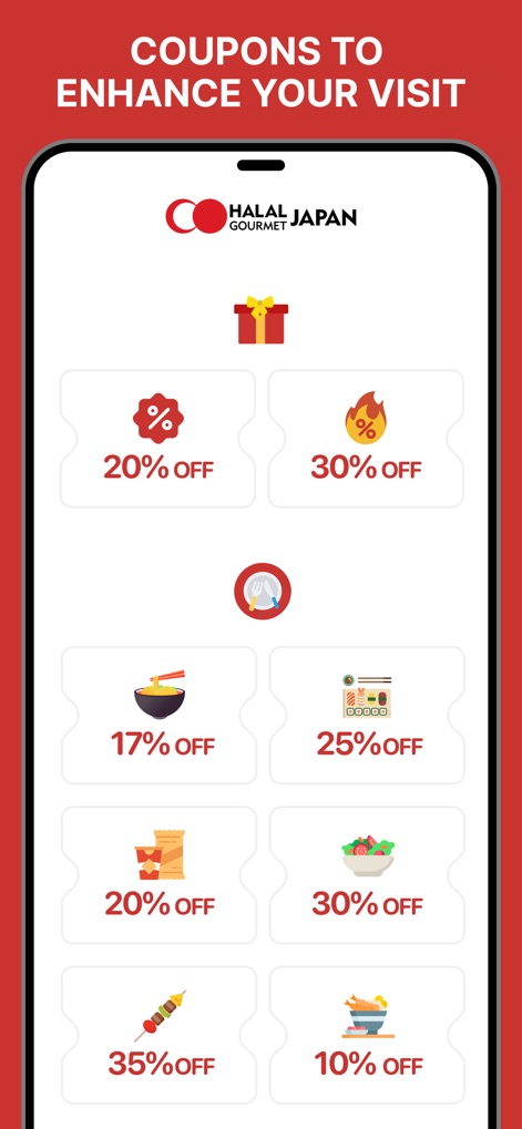 Halal Gourmet Japan - 이 앱은 다양한 카테고리의 제품과 식당에 적용 가능한 할인 쿠폰을 제공합니다. 20% 할인 쿠폰과 30% 할인 쿠폰으로 비용 절감 혜택을 누릴 수 있습니다.
