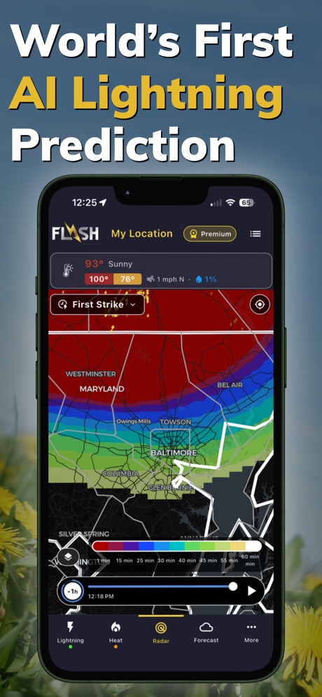 Flash Weather: Future Radar App Store screenshot 2, headline “World's First AI Lightning Prediction”. Ranking claim.