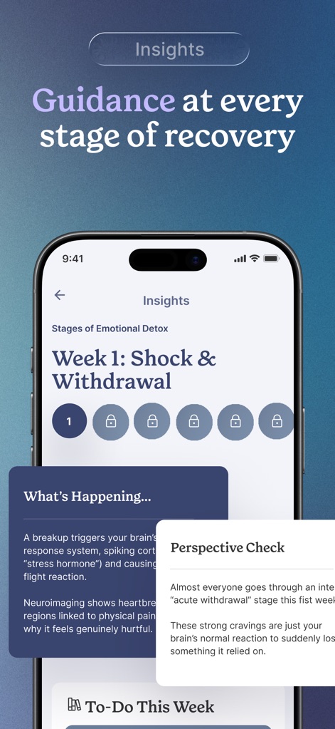 No Contact Tracker Pro - Delve into the "Insights" section, detailing "Stages of Emotional Detox" and providing educational content on "Shock & Withdrawal" for users.
