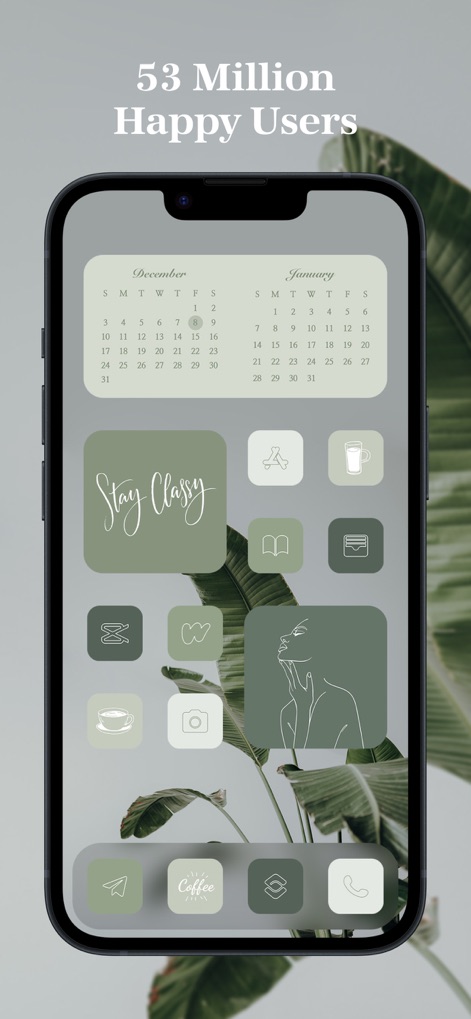 Photo Widget - Themes & Icons - Explore curated theme collections, highlighting a stylish "Stay Classy" text widget and an integrated calendar widget with a serene plant background.